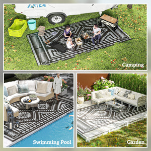 Outsunny Reversible Outdoor Rug, 9' x 18' Waterproof Plastic Straw Floor Mat, Portable RV Camping Carpet, Large Floor Mat for Backyard, Deck, Picnic, Beach, Black & Gray Square Patchwork