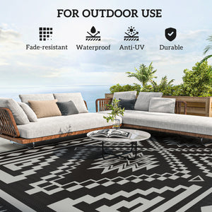 Outsunny Reversible Outdoor Rug, 9' x 18' Waterproof Plastic Straw Floor Mat, Portable RV Camping Carpet, Large Floor Mat for Backyard, Deck, Picnic, Beach, Black & Gray Square Patchwork