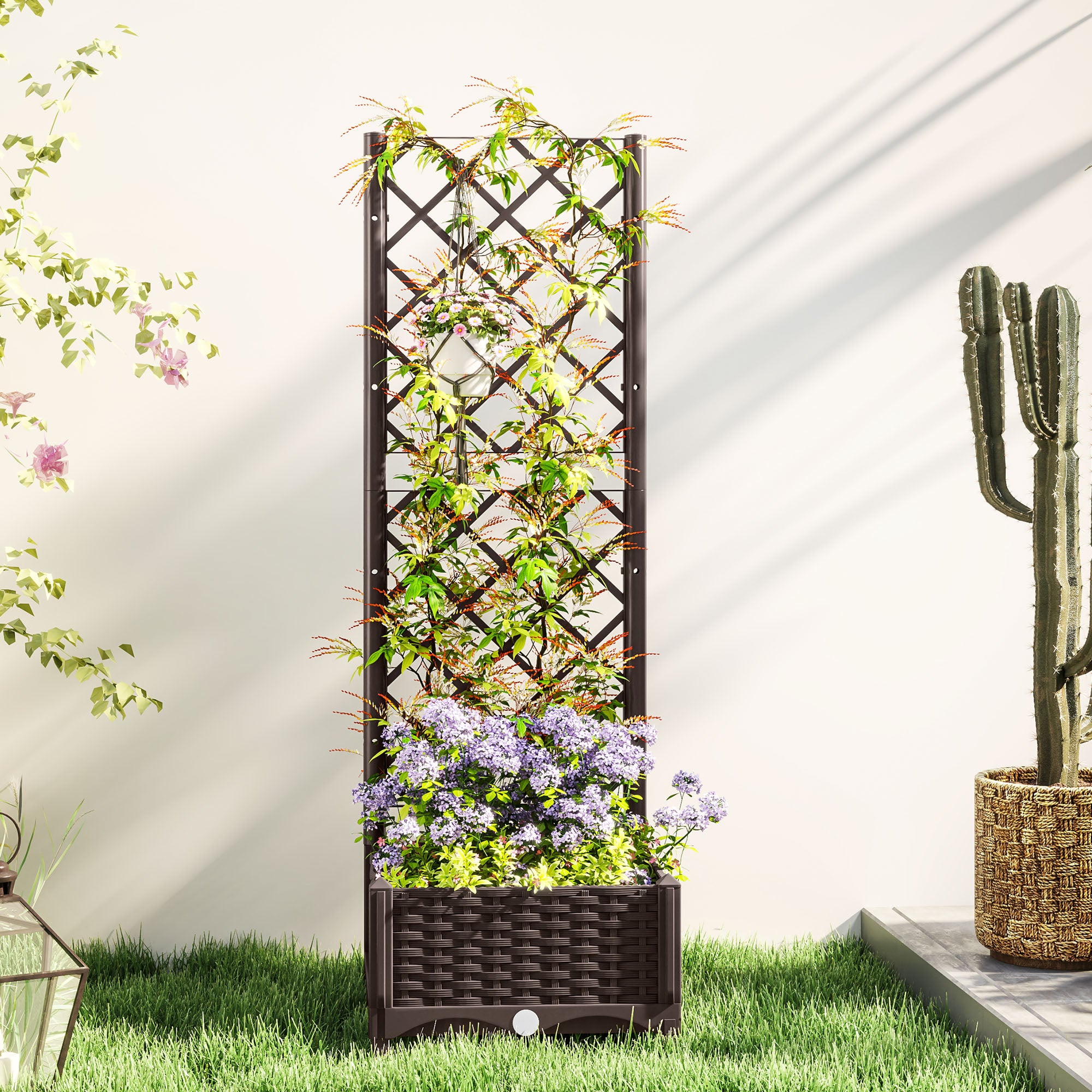 plastic trellis for house plants Outsunny 16" x 16" x 48" Plastic Raised Garden Bed with Trellis, Drainage Holes and Drain Plugs