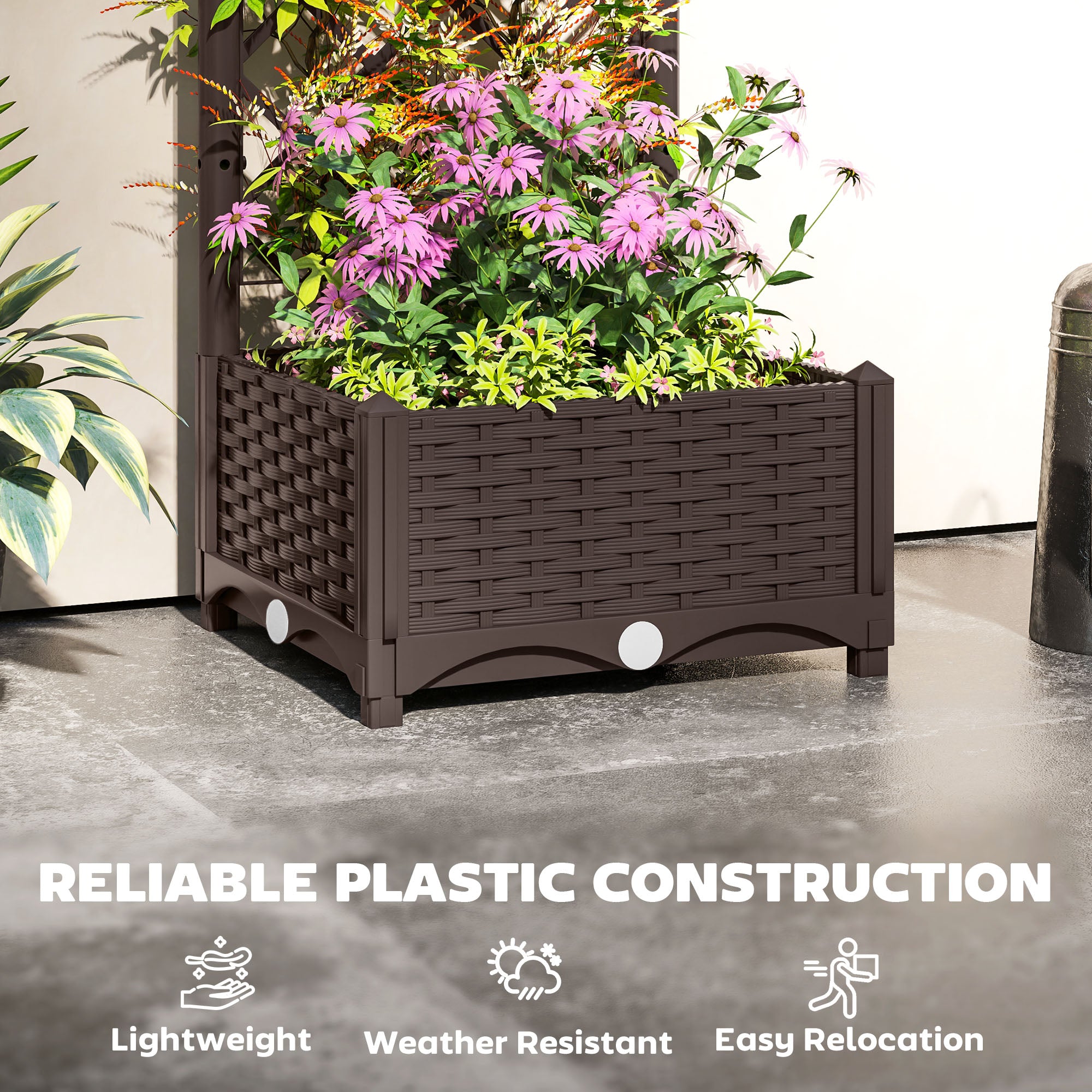 plastic elevated planter with trellis Outsunny 16" x 16" x 48" Plastic Raised Garden Bed with Trellis, Drainage Holes and Drain Plugs