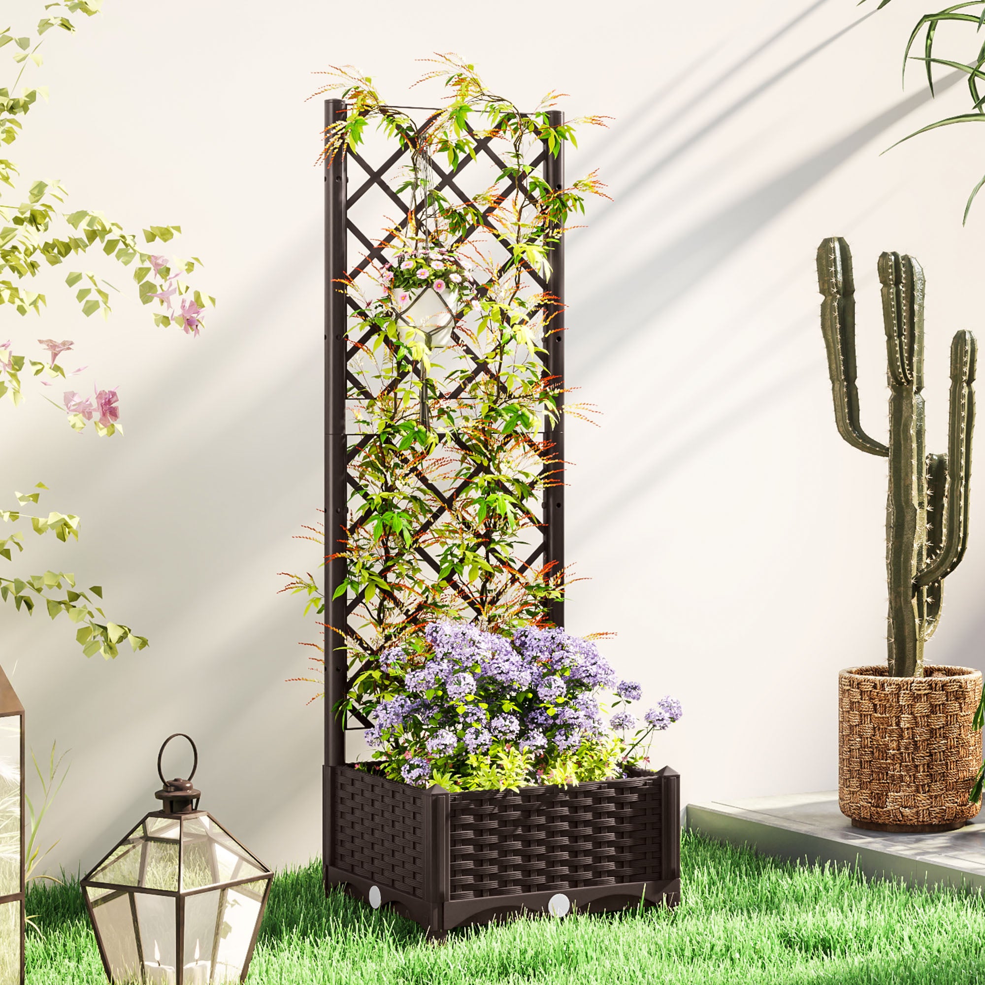 rattan trellis planter Outsunny 16" x 16" x 48" Plastic Raised Garden Bed with Trellis, Drainage Holes and Drain Plugs