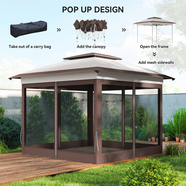 12' x 12' Pop Up Canopy Sun Shade Instant Tent Folding with Mesh Sidewalls, 3-Level Adjustable Height and Storage Bag, Beige and Dark Brown