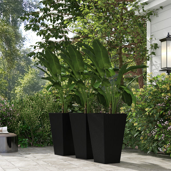 Set of 3 Tall Planters for Outdoor Plants with Drainage Hole, Indoor Outdoor Planter Flower Pot Set for Front Door, Entryway, Patio and Deck, Black