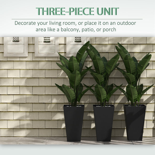 Set of 3 Tall Planters for Outdoor Plants with Drainage Hole, Indoor Outdoor Planter Flower Pot Set for Front Door, Entryway, Patio and Deck, Black