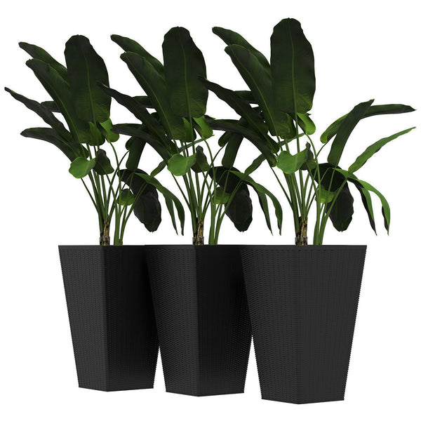 Set of 3 Tall Planters for Outdoor Plants with Drainage Hole, Indoor Outdoor Planter Flower Pot Set for Front Door, Entryway, Patio and Deck, Black