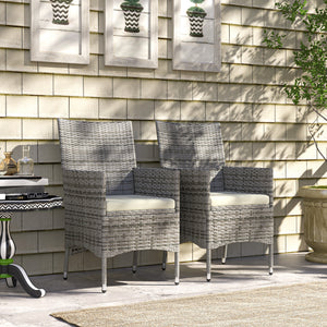 2 Pieces Outdoor PE Rattan Dining Chairs Set with Cushion, Garden Armchair with Armrests, High Backrest, Metal Frame Patio Wicker Furniture, Mixed Grey
