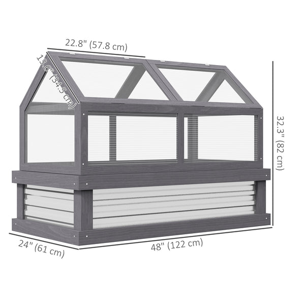 Wooden Cold Frame Greenhouse, Raised Garden Bed with Polycarbonate Greenhouse, Flower Planter Protection, 48" x 24" x 32", Grey