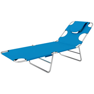 Folding Lounge Chair Outdoor Tanning Chair with Face Hole, 5-Position Reclining Sun Lounger Chaise Lounge Cot with Side Pocket, Carry Strap for Beach Pool, Yard, Blue