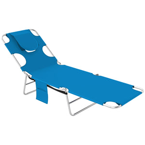 Folding Lounge Chair Outdoor Tanning Chair with Face Hole, 5-Position Reclining Sun Lounger Chaise Lounge Cot with Side Pocket, Carry Strap for Beach Pool, Yard, Blue