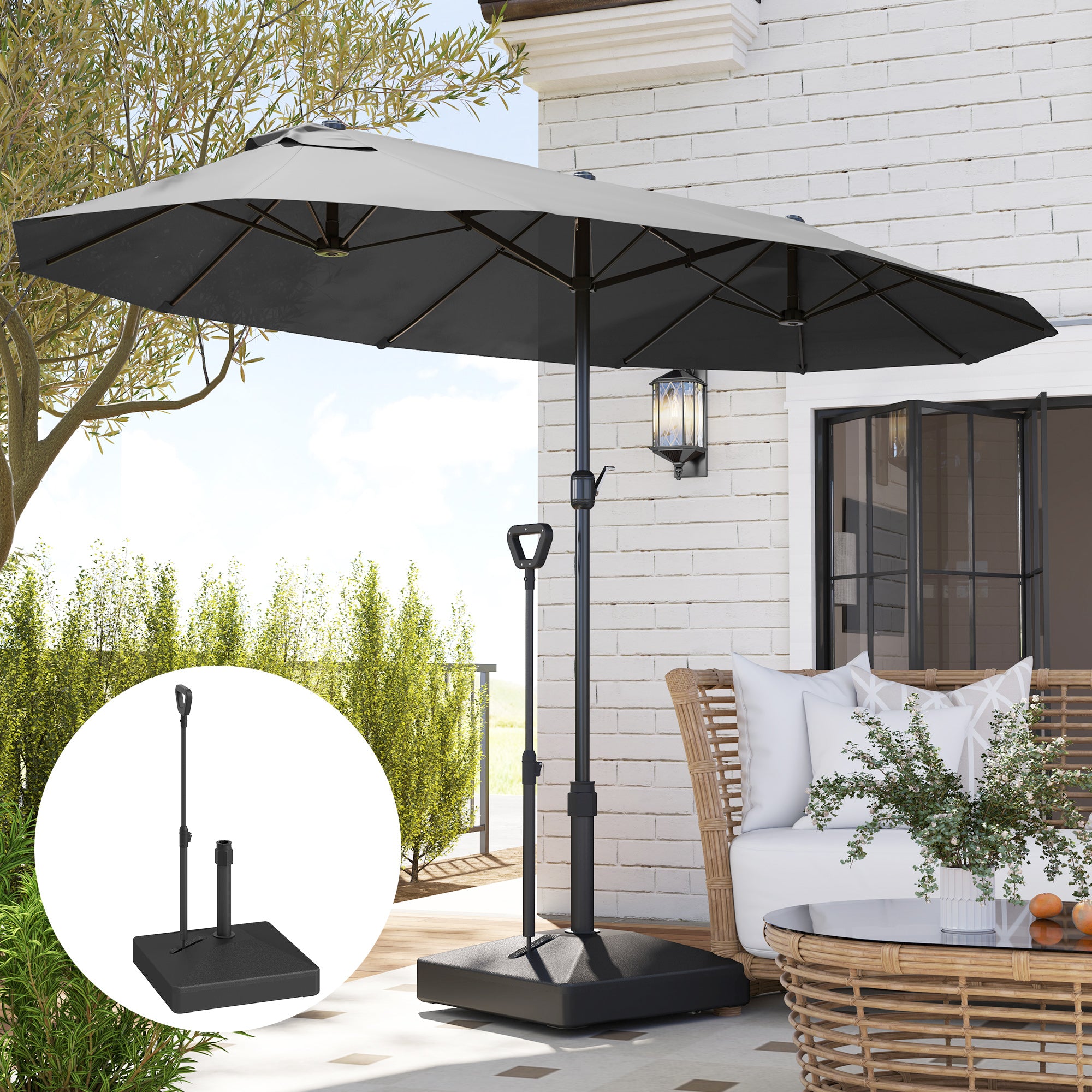 free standing patio umbrella stand Outsunny Adjustable Wheeled Umbrella Base, Filled Up to 121lbs Sand/99lbs Water, Black