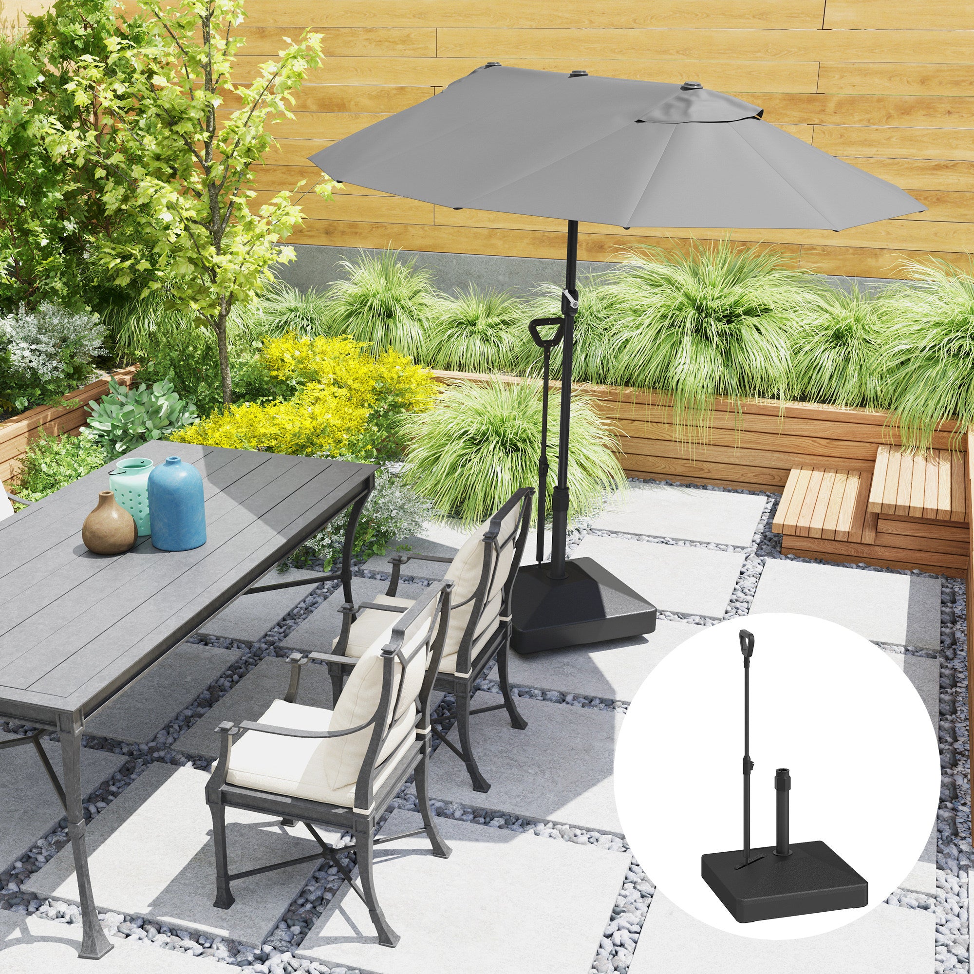 adjustable patio umbrella stand Outsunny Adjustable Wheeled Umbrella Base, Filled Up to 121lbs Sand/99lbs Water, Black