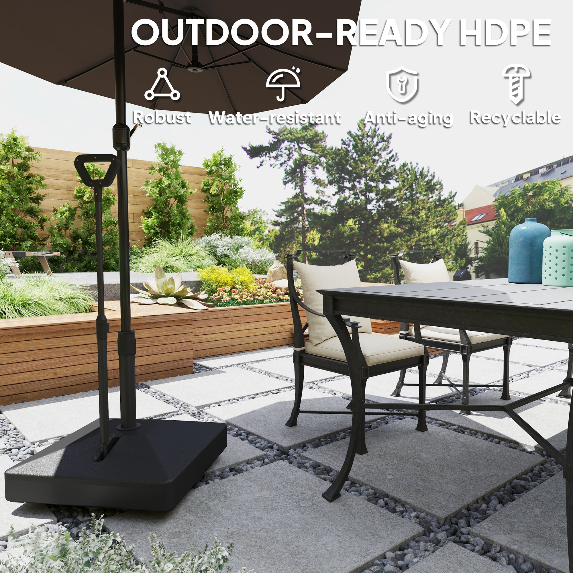 cantilever patio umbrella with wheeled base Outsunny Adjustable Wheeled Umbrella Base, Filled Up to 121lbs Sand/99lbs Water, Black