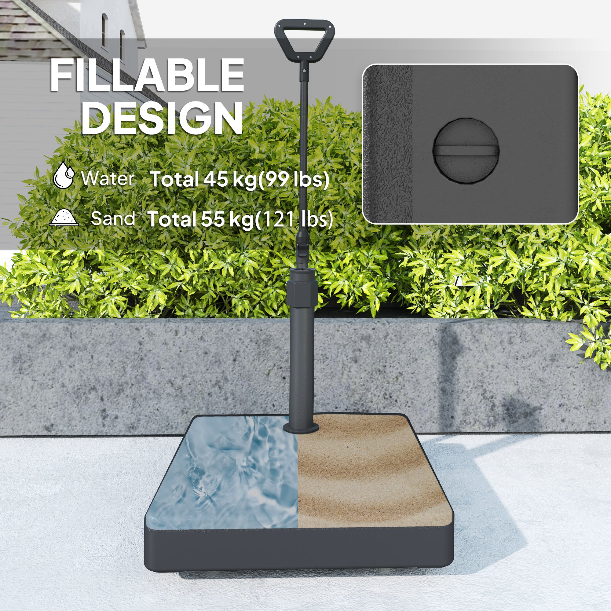 55 lb patio umbrella base Outsunny Adjustable Wheeled Umbrella Base, Filled Up to 121lbs Sand/99lbs Water, Black