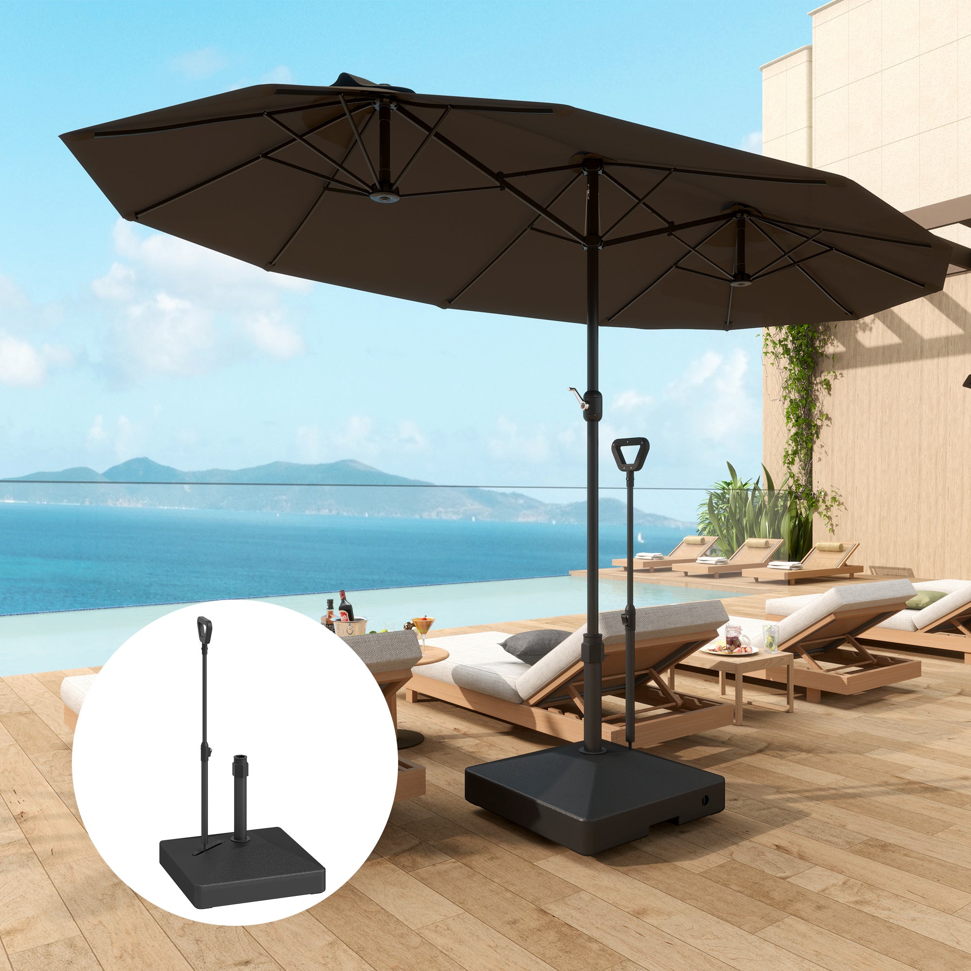 adjustable patio umbrella stand Outsunny Adjustable Wheeled Umbrella Base, Filled Up to 121lbs Sand/99lbs Water, Black