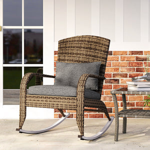 Outdoor Wicker Adirondack Rocking Chair, Patio Rattan Rocker Chair with High Back, Seat Cushion and Pillow for Garden, Porch, Balcony, Grey/Mixed Yellow