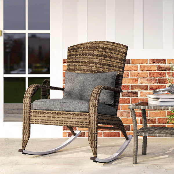Outdoor Wicker Adirondack Rocking Chair, Patio Rattan Rocker Chair with High Back, Seat Cushion and Pillow for Garden, Porch, Balcony, Grey/Mixed Yellow