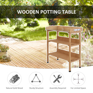 Outdoor Potting Bench, Wooden Potting Table with Storage Shelf, Metal Table Top, Hooks for Backyard, Patio, Balcony, Natural