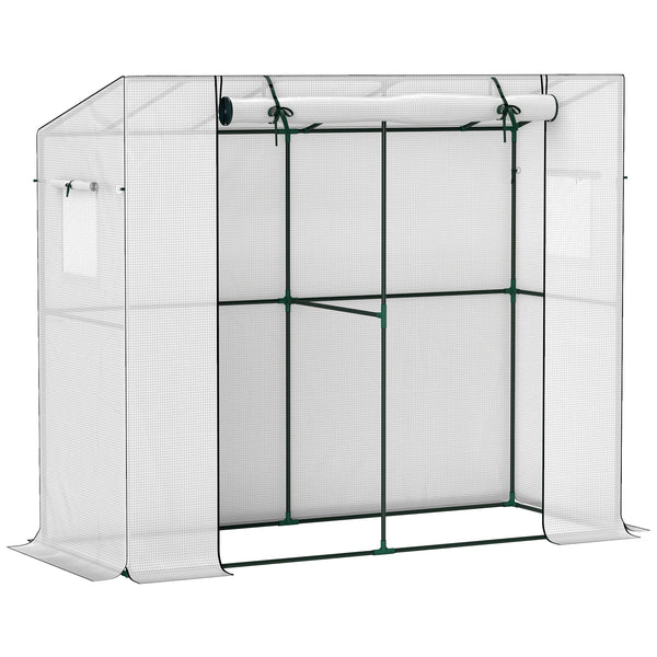 Outsunny 6.6' x 2.5' x 5.6' Lean-to Small Greenhouse for Outdoors, Portable Greenhouse with UV-resistant PE Cover, Walk-in Green House with Roll-up Door and Mesh Windows, White