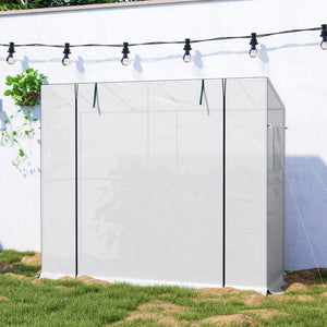 Outsunny 6.6' x 2.5' x 5.6' Lean-to Small Greenhouse for Outdoors, Portable Greenhouse with UV-resistant PE Cover, Walk-in Green House with Roll-up Door and Mesh Windows, White