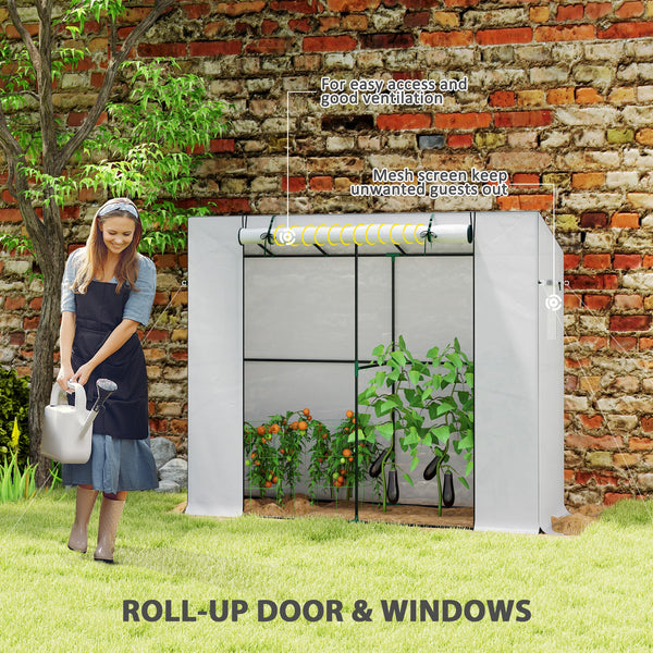 Outsunny 6.6' x 2.5' x 5.6' Lean-to Small Greenhouse for Outdoors, Portable Greenhouse with UV-resistant PE Cover, Walk-in Green House with Roll-up Door and Mesh Windows, White