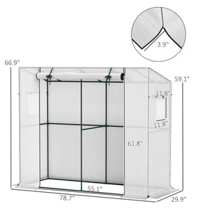 Outsunny 6.6' x 2.5' x 5.6' Lean-to Small Greenhouse for Outdoors, Portable Greenhouse with UV-resistant PE Cover, Walk-in Green House with Roll-up Door and Mesh Windows, White