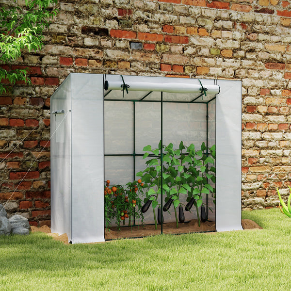 Outsunny 6.6' x 2.5' x 5.6' Lean-to Small Greenhouse for Outdoors, Portable Greenhouse with UV-resistant PE Cover, Walk-in Green House with Roll-up Door and Mesh Windows, White