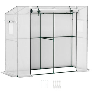 Outsunny 6.6' x 2.5' x 5.6' Lean-to Small Greenhouse for Outdoors, Portable Greenhouse with UV-resistant PE Cover, Walk-in Green House with Roll-up Door and Mesh Windows, White