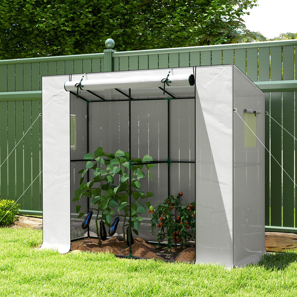 Outsunny 6.6' x 2.5' x 5.6' Lean-to Small Greenhouse for Outdoors, Portable Greenhouse with UV-resistant PE Cover, Walk-in Green House with Roll-up Door and Mesh Windows, White