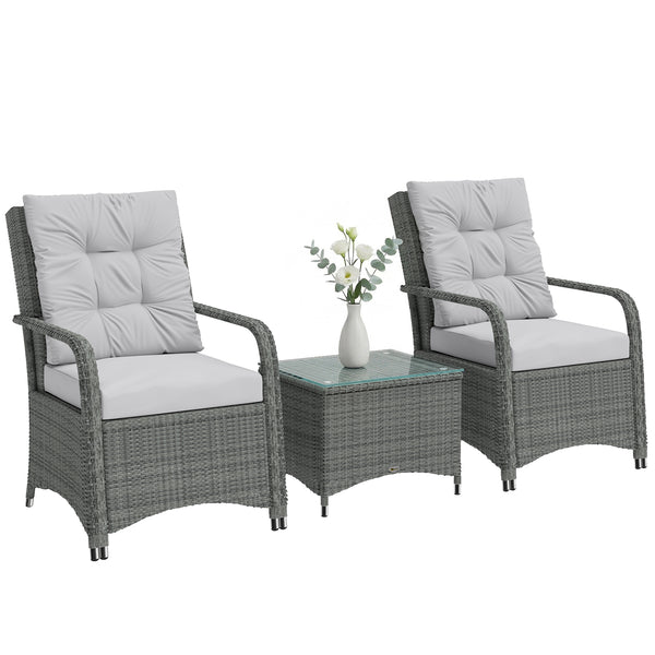 3 Pieces Rattan Bistro Set, Wicker Garden Furniture Set with Metal Frame, Cover, Glass Top Coffee Table, Chairs and Cushions for Outdoor, Patio, Balcony, Light Grey