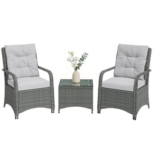 3 Pieces Rattan Bistro Set, Wicker Garden Furniture Set with Metal Frame, Cover, Glass Top Coffee Table, Chairs and Cushions for Outdoor, Patio, Balcony, Light Grey