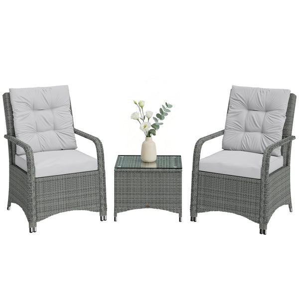 3 Pieces Rattan Bistro Set, Wicker Garden Furniture Set with Metal Frame, Cover, Glass Top Coffee Table, Chairs and Cushions for Outdoor, Patio, Balcony, Light Grey