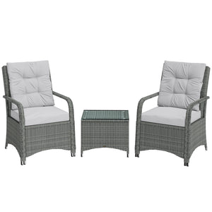3 Pieces Rattan Bistro Set, Wicker Garden Furniture Set with Metal Frame, Cover, Glass Top Coffee Table, Chairs and Cushions for Outdoor, Patio, Balcony, Light Grey