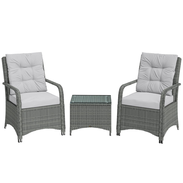 3 Pieces Rattan Bistro Set, Wicker Garden Furniture Set with Metal Frame, Cover, Glass Top Coffee Table, Chairs and Cushions for Outdoor, Patio, Balcony, Light Grey