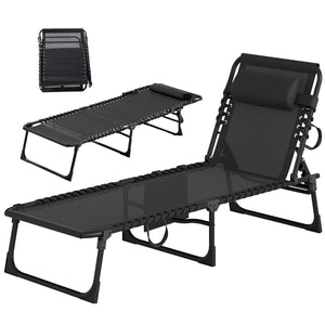 Folding Lounge Chair, Reclining Tanning Chair, Portable Sun Lounger with Adjustable Backrest and Removable Pillow for Patio, Garden, Beach, Black