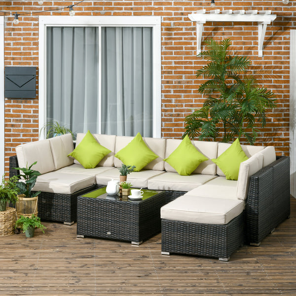 8 Pieces PE Rattan Corner Sofa Set, Outdoor Garden Furniture Set, Patio Wicker Sofa Seater w/ Cushion, Washable Cushion Cover & Tempered Glass Table, Brown