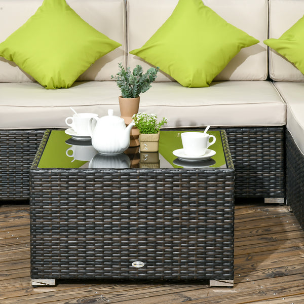 8 Pieces PE Rattan Corner Sofa Set, Outdoor Garden Furniture Set, Patio Wicker Sofa Seater w/ Cushion, Washable Cushion Cover & Tempered Glass Table, Brown