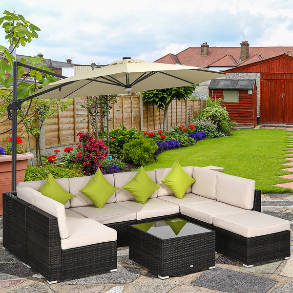 8 Pieces PE Rattan Corner Sofa Set, Outdoor Garden Furniture Set, Patio Wicker Sofa Seater w/ Cushion, Washable Cushion Cover & Tempered Glass Table, Brown