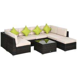 8 Pieces PE Rattan Corner Sofa Set, Outdoor Garden Furniture Set, Patio Wicker Sofa Seater w/ Cushion, Washable Cushion Cover & Tempered Glass Table, Brown