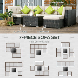 8 Pieces PE Rattan Corner Sofa Set, Outdoor Garden Furniture Set, Patio Wicker Sofa Seater w/ Cushion, Washable Cushion Cover & Tempered Glass Table, Brown