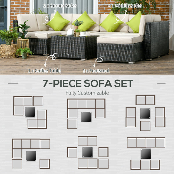 8 Pieces PE Rattan Corner Sofa Set, Outdoor Garden Furniture Set, Patio Wicker Sofa Seater w/ Cushion, Washable Cushion Cover & Tempered Glass Table, Brown