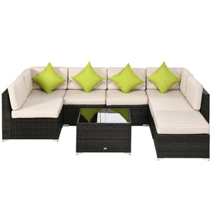 8 Pieces PE Rattan Corner Sofa Set, Outdoor Garden Furniture Set, Patio Wicker Sofa Seater w/ Cushion, Washable Cushion Cover & Tempered Glass Table, Brown