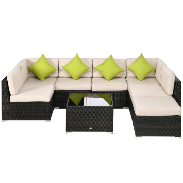 8 Pieces PE Rattan Corner Sofa Set, Outdoor Garden Furniture Set, Patio Wicker Sofa Seater w/ Cushion, Washable Cushion Cover & Tempered Glass Table, Brown