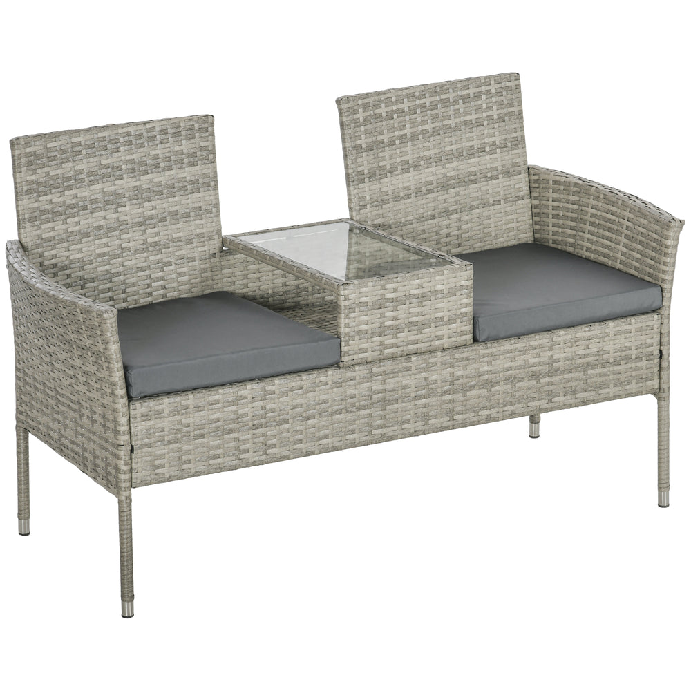 2 Seat Rattan Garden Bench, Patio Wicker Chair with Glass Tea Table, Outdoor Love Seat with Padded Cushions, for Garden, Porch, Poolside, Mixed Grey/Grey