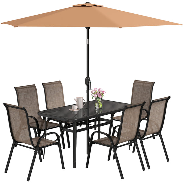8 Pieces Patio Table and Chairs Set with 9 Ft Patio Umbrella, Outdoor Dining Set with 4.6 Ft Dining Table and 6 Chairs, Push Button Tilt and Crank Parasol, Tempered Glass Top, Mixed Brown