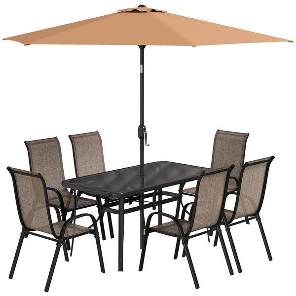 8 Pieces Patio Table and Chairs Set with 9 Ft Patio Umbrella, Outdoor Dining Set with 4.6 Ft Dining Table and 6 Chairs, Push Button Tilt and Crank Parasol, Tempered Glass Top, Mixed Brown