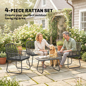 4 Piece Rattan Garden Furniture Set, Outdoor Patio Furniture with Loveseat, Armchairs and Coffee Table, Indoor Balcony Conservatory Set with Cushions for Garden, Poolside, Black