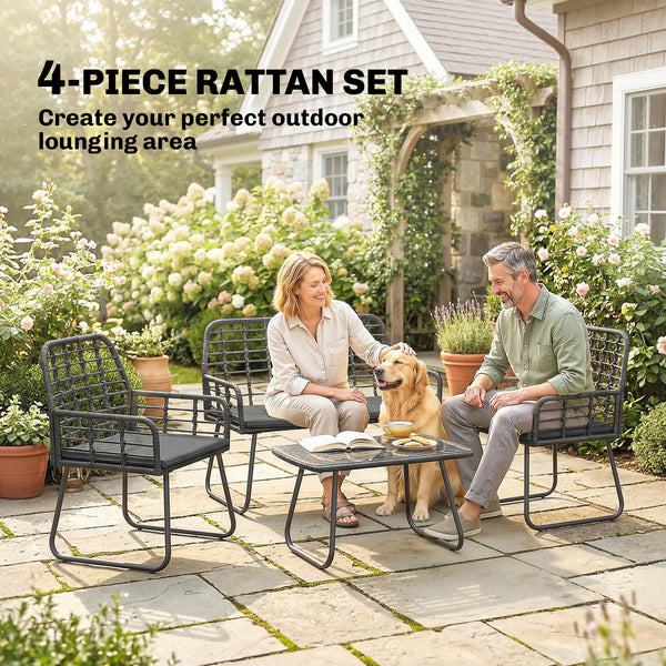 4 Piece Rattan Garden Furniture Set, Outdoor Patio Furniture with Loveseat, Armchairs and Coffee Table, Indoor Balcony Conservatory Set with Cushions for Garden, Poolside, Black