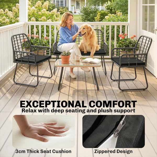 4 Piece Rattan Garden Furniture Set, Outdoor Patio Furniture with Loveseat, Armchairs and Coffee Table, Indoor Balcony Conservatory Set with Cushions for Garden, Poolside, Black