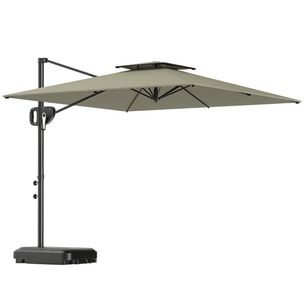 8' x 9' Square Cantilever Patio Umbrella with Fillable Base, Double Top Patio Hanging Offset Umbrella, Outdoor Cantilever Parasol with Crank & Tilt, Light Grey