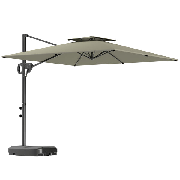 8' x 9' Square Cantilever Patio Umbrella with Fillable Base, Double Top Patio Hanging Offset Umbrella, Outdoor Cantilever Parasol with Crank & Tilt, Light Grey